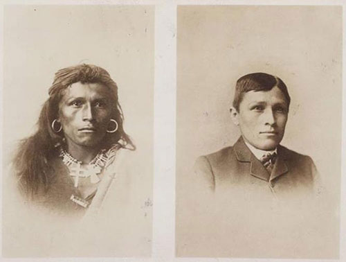 Navajo man transforms his look at the Carlisle Indian Industrial School, 1882