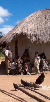 Courtyard and Family in Front of Thatched-roof House, Malawi, Around 2000